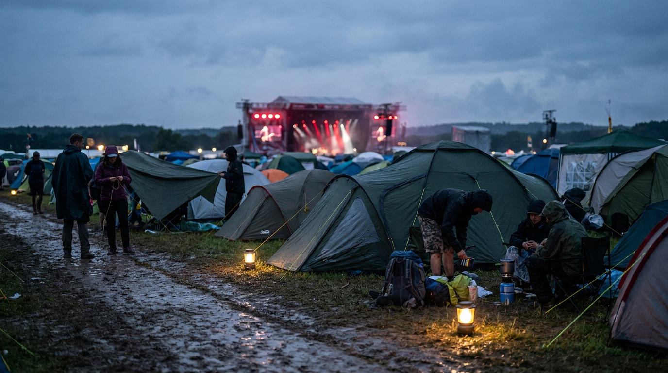 Camping en un festival de música: descanso, lluvia y seguridad básica