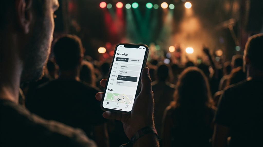 Persona revisando horarios y escenarios de un festival de música en el móvil
