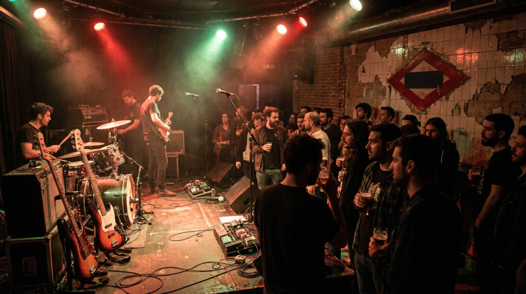Sala pequeña de rock en Madrid con guitarras y luces rojas