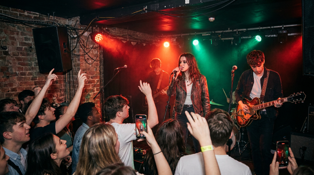 Banda emergente tocando en una sala pequeña de rock