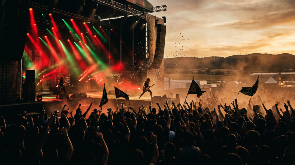 Público en un festival de rock al aire libre en España al atardecer