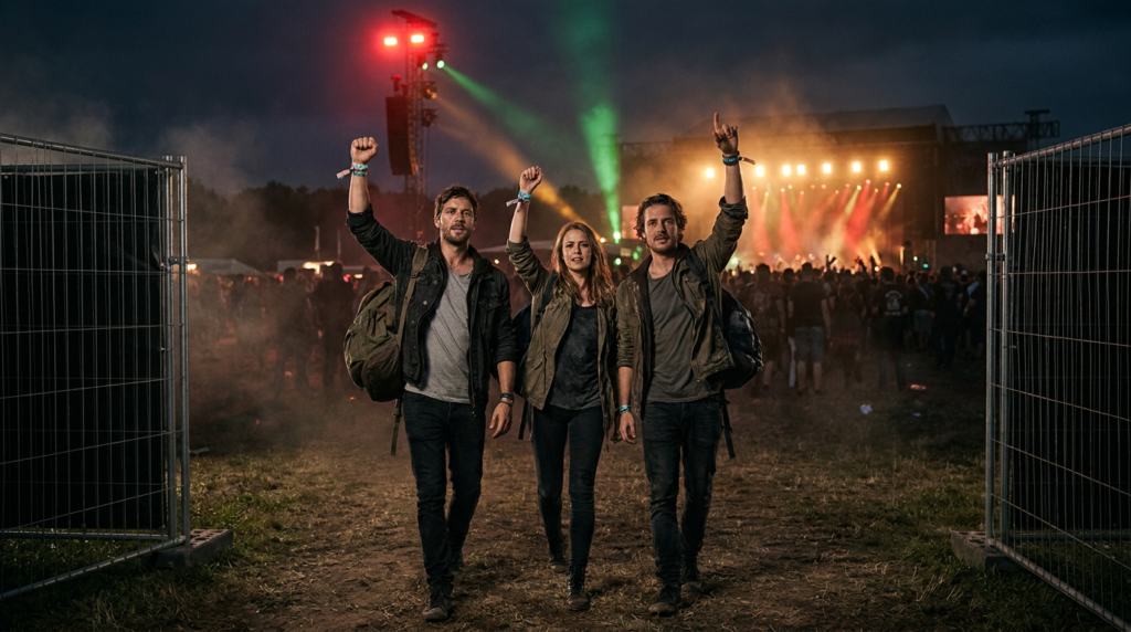 Grupo de amigos entrando a su primer festival de rock con pulseras
