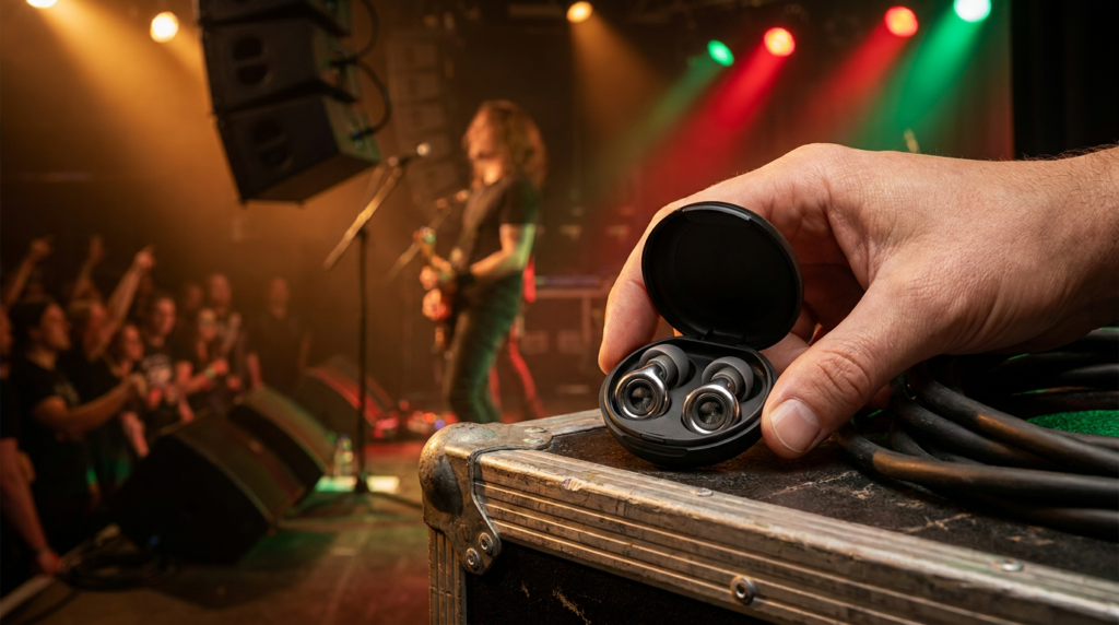 Tapones de protección auditiva para conciertos cerca de un escenario de rock