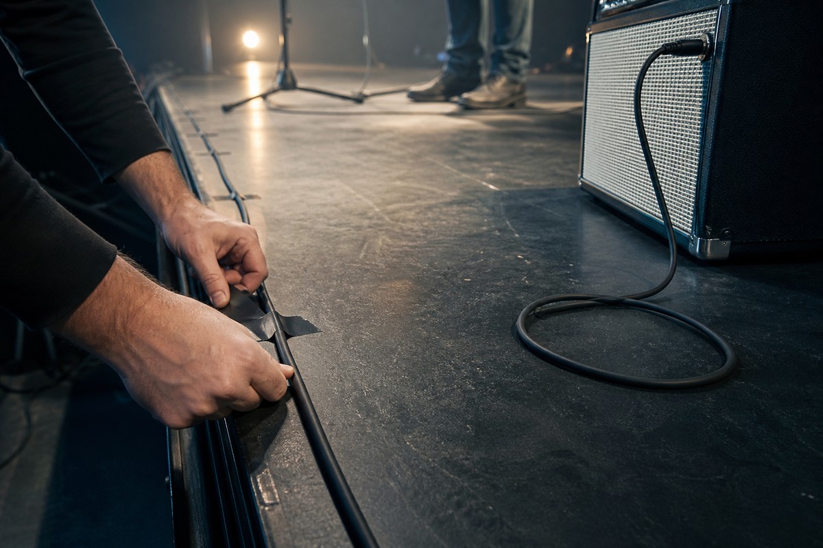 Técnico fijando un cable de instrumento por el borde del escenario para dejar libre la zona de paso