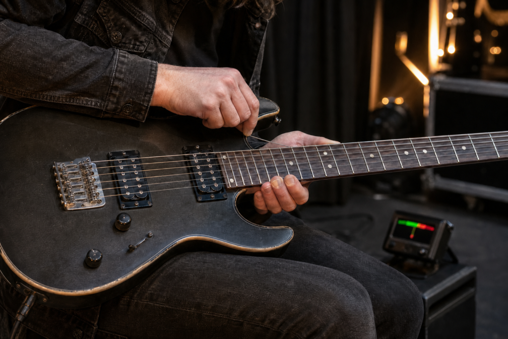 Guitarrista asentando suavemente una cuerda nueva antes de la prueba de sonido