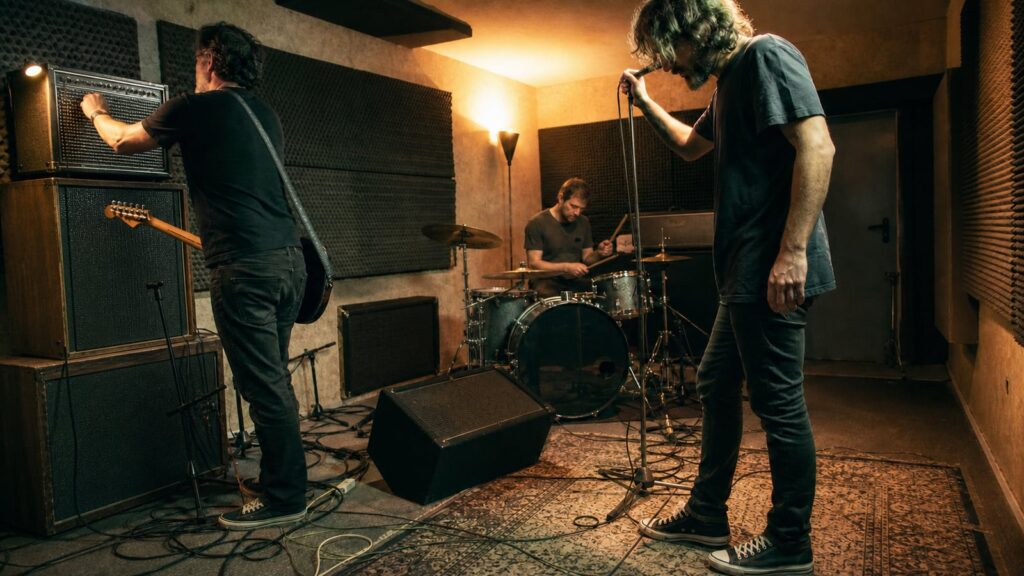 Banda de rock ajustando amplificador, monitor y micrófono durante un ensayo