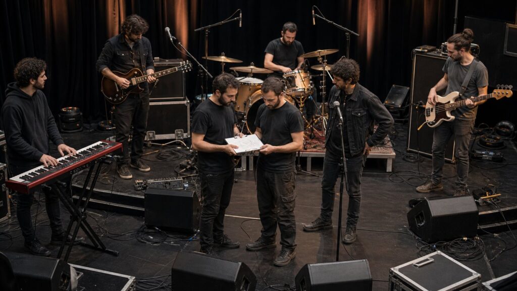 Small rock band and sound technician reviewing a stage plot before soundcheck