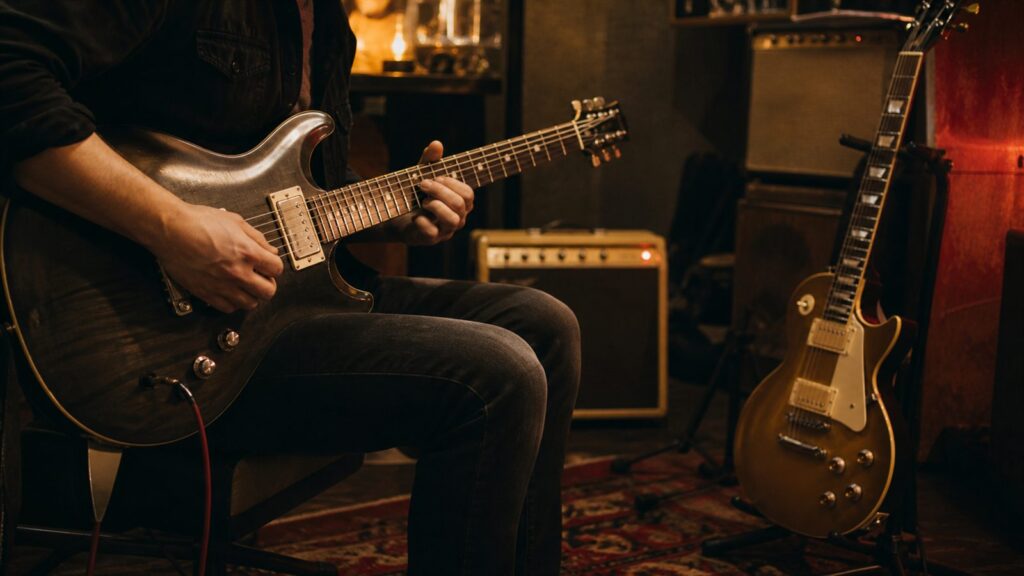 Guitarrista probando una guitarra eléctrica en una sala de ensayo con amplificador y luces cálidas