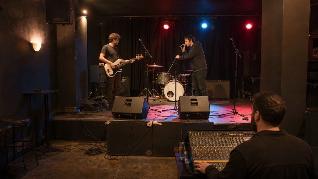 Banda y técnico realizando una prueba de sonido en una sala pequeña antes del concierto